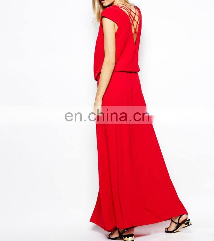 CHEFON Lace Up Detail Red Maxi Dress