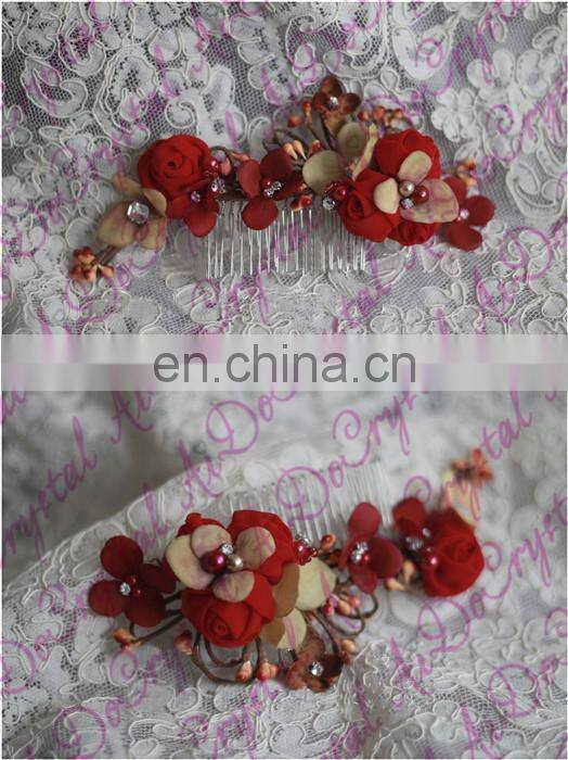 Aidocrystal marsala burgundy hair accessory red floral hair comb hair flower with leaves wedding fascinators for women