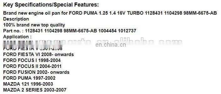Engine Oil Pan for FORD PUMA 1.25 1.4 16V TURBO OEM 1128431 1104298 98MM-6675-AB