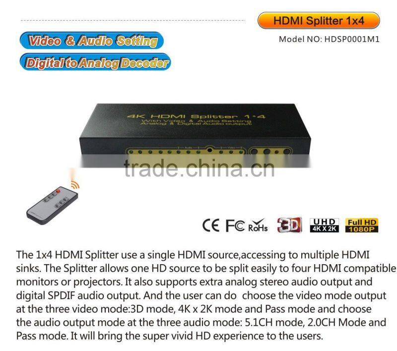 HDMI 4 Port Way Distribution Splitter 1x4 1 In 4 Out