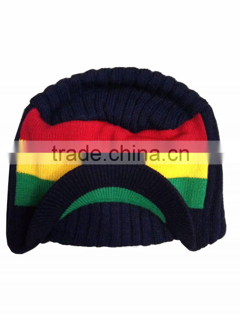 Top quality winter knit beanie crochet hats custom stripe rainbow hat with brim