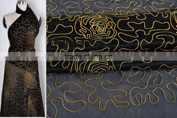 black gold 100% silk organza embroidered tulle fabric