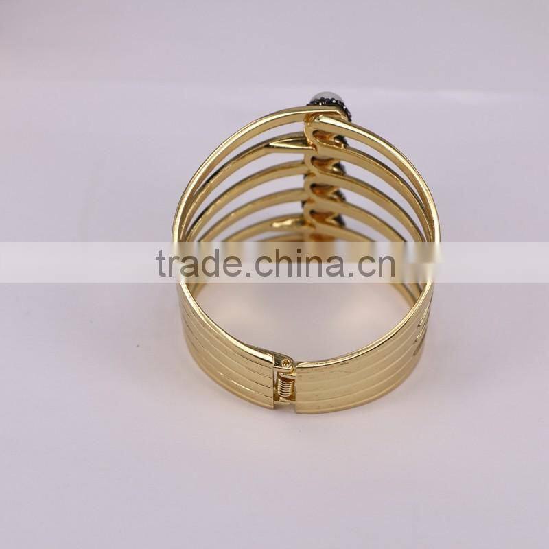 NEW GOOD Gold Electroplated Brass Bangles, with Freshwater Pearl and Crystal Paved 6-Line Jewelry Bangles in Adjustable Size