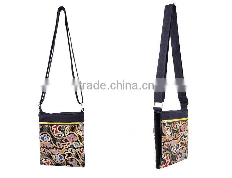 Wholesale unisex canvas messenger bag high quality double sides embroidery bag with pocket