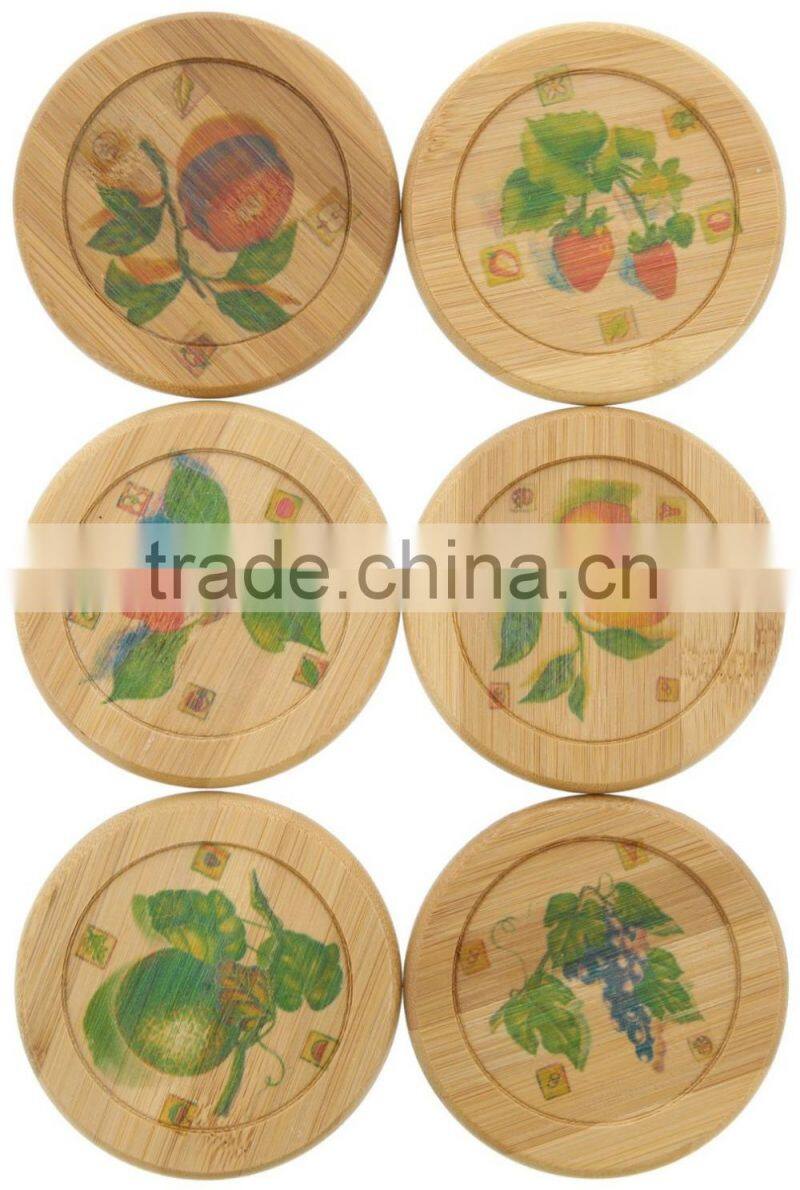 Hot Sale DIY Design Bamboo Coaster, Round Bamboo Coaster 6 Piece Set - 4 Inch
