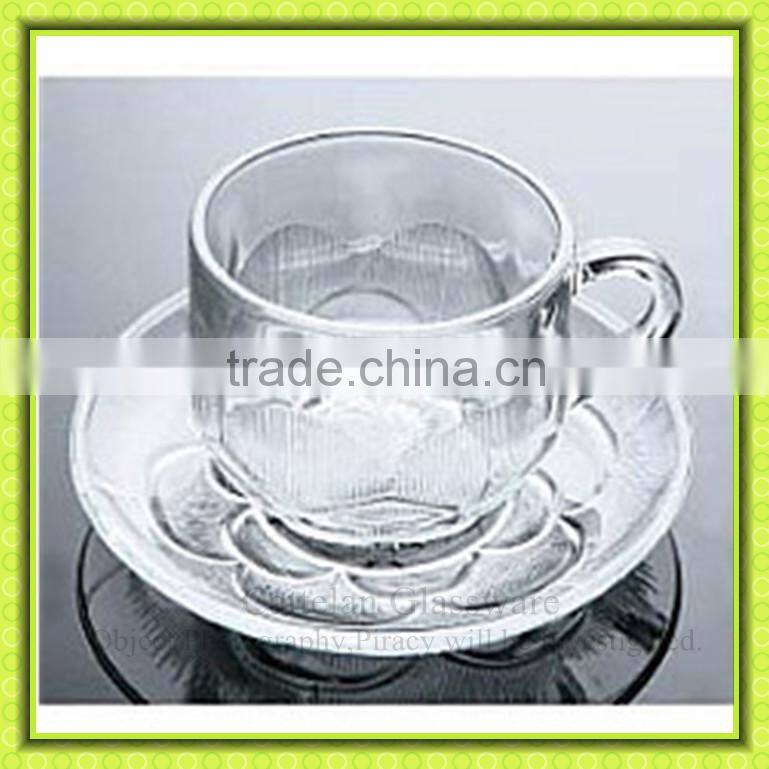 Eco-friendly apple engraved glass tea cup and saucer,glass coffee mug with tray for cafe' or restaurant