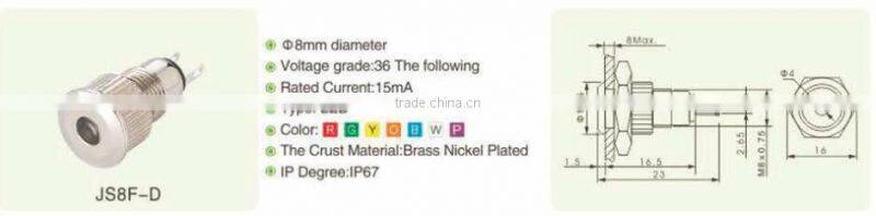 JS8F-D metal push button 8mm diameter with LED 15mA rated current push button switch metal push button