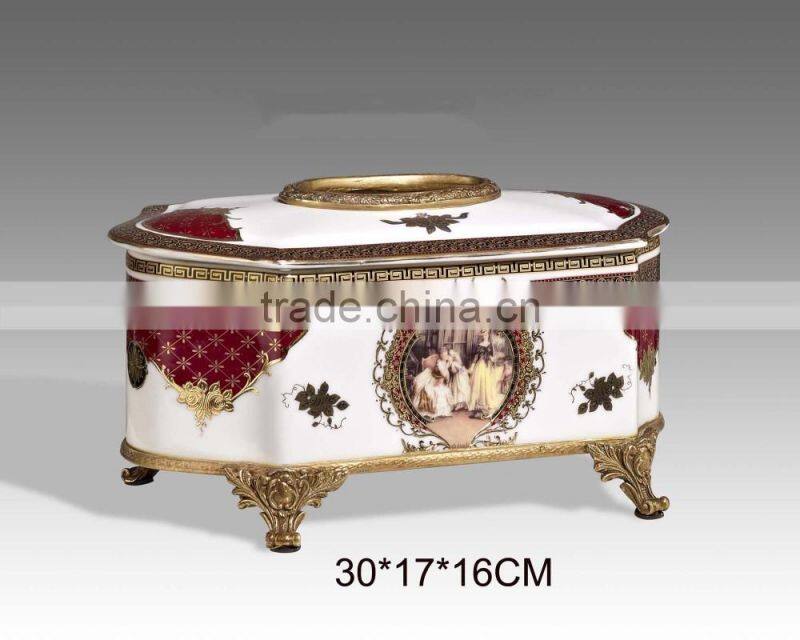 New design noble appliance blue ceramic floral painting brass decorative tissue box