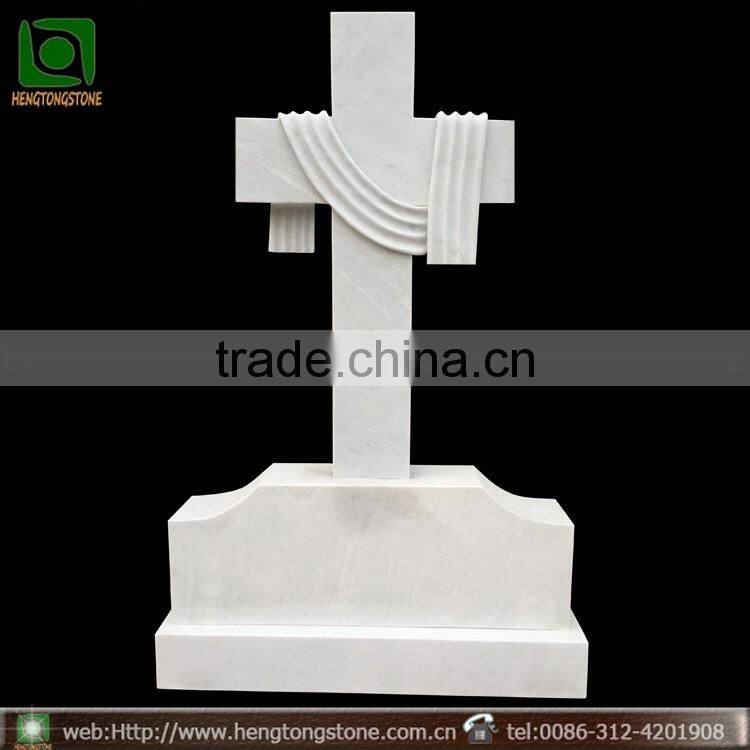 White Marble Upright Carved Cross Design Headstone
