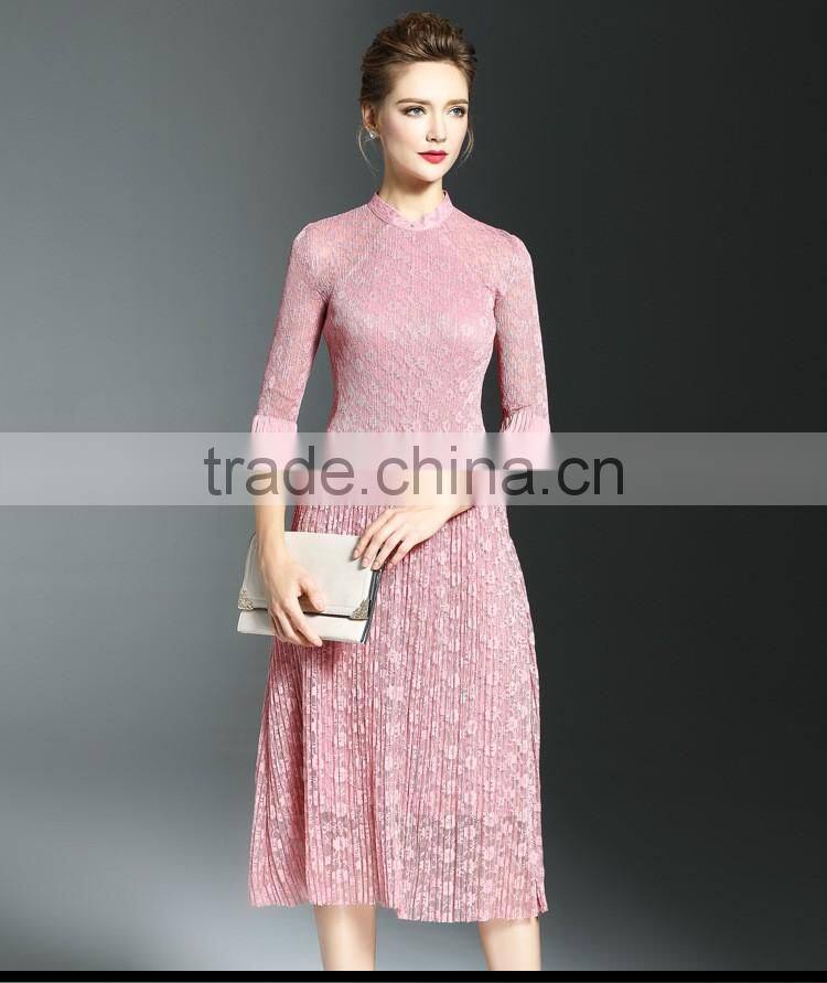 Elegant lady lace hollow out embroidery A-line pleated fold lace dress
