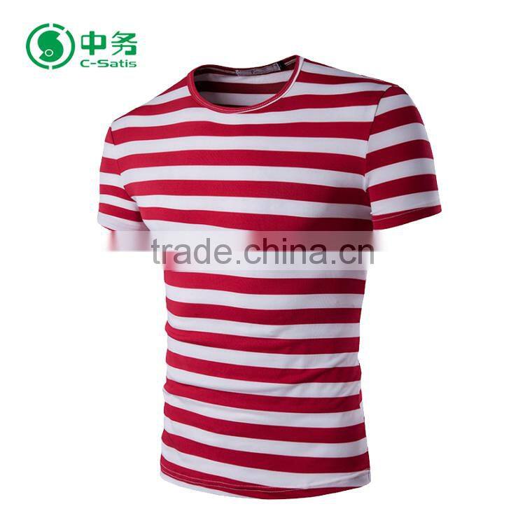 Wholesale Custom Summer O-Neck Short Sleeve Red and White Mens Striped T Shirt