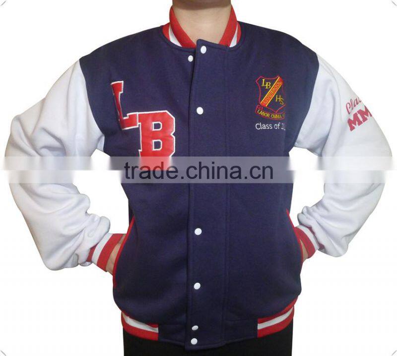 China supplier boys high school 100% cotton fleece high quality OEM baseball jacket wholesale