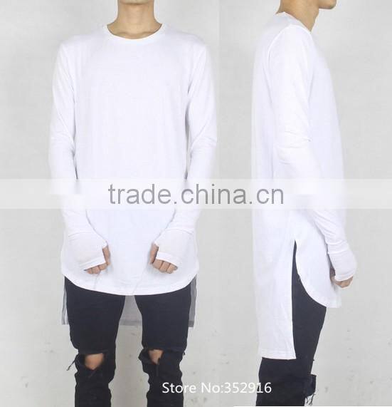 New Thumb Hole Cuffs Long Sleeve Man High Low Side Split Hip Hop Top Tee T Shirt Crew T-shirt
