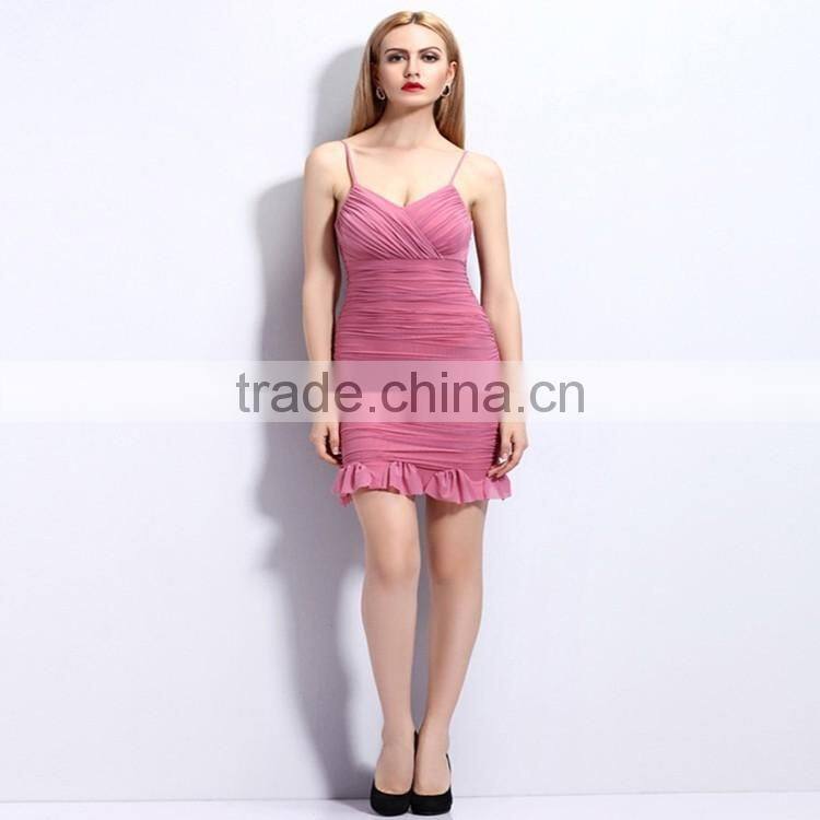 2016 Lastest women dress for sexy spaghetti strap V -plunge neck ,grenadine buttok ladies dress oem service