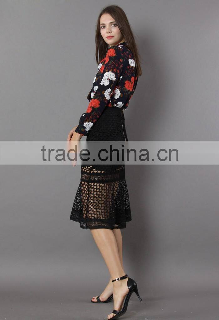 2016 Guangzhou Shandao New Design Summer Hot Selling Women Party Wear Black Slim Fit Lace Long Skirt Models