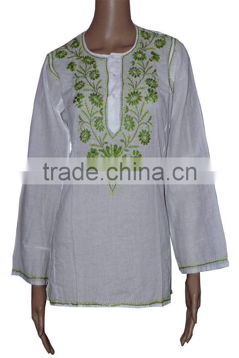 Indian Lucknow Chikan Kurtis,Cotton Embroidery Kurtis Top Tunic