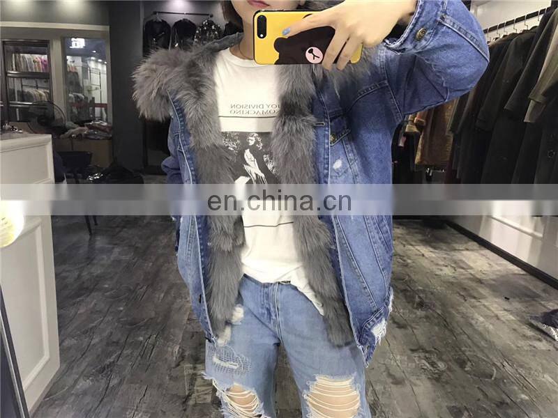 2017 Fashionable Women Winter Real Fox Fur Lined Denim Parka Real Fur Jacket Raccoon