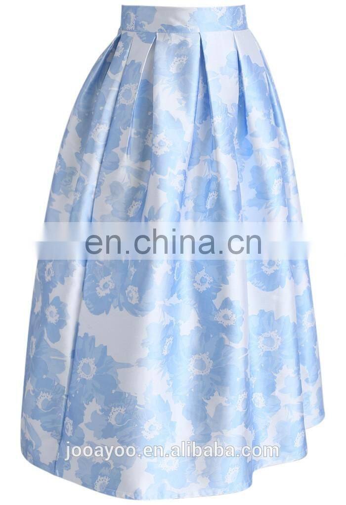 Custom Service Women Blue Blossoming Floral Printed A-line Midi Skirt
