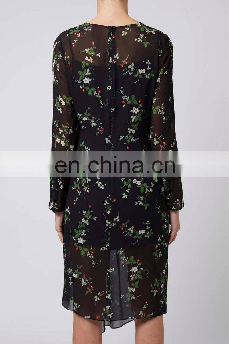 Round neck Floral printed chiffon printed dress with ruffled details