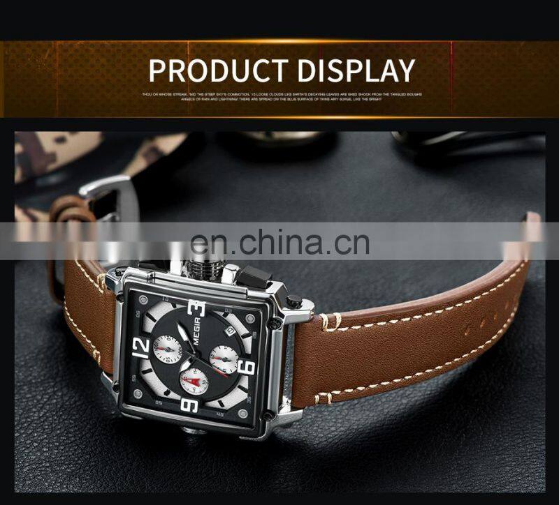 Megir 2061 Men Quartz Watches Luxury Chronograph Clock Men Leather Sport Army Military Wristwatch Quartz