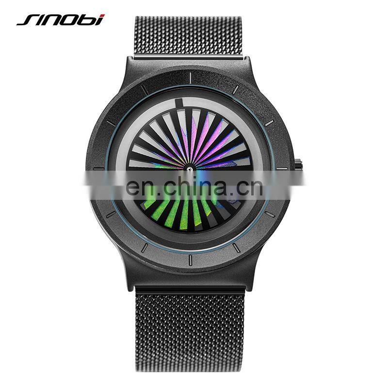 SINOBI Creative Watch For Man Colorful Vortex Dial Steel Mesh Band Quartz Watches Man Custom Logo Watch OEM S9837G