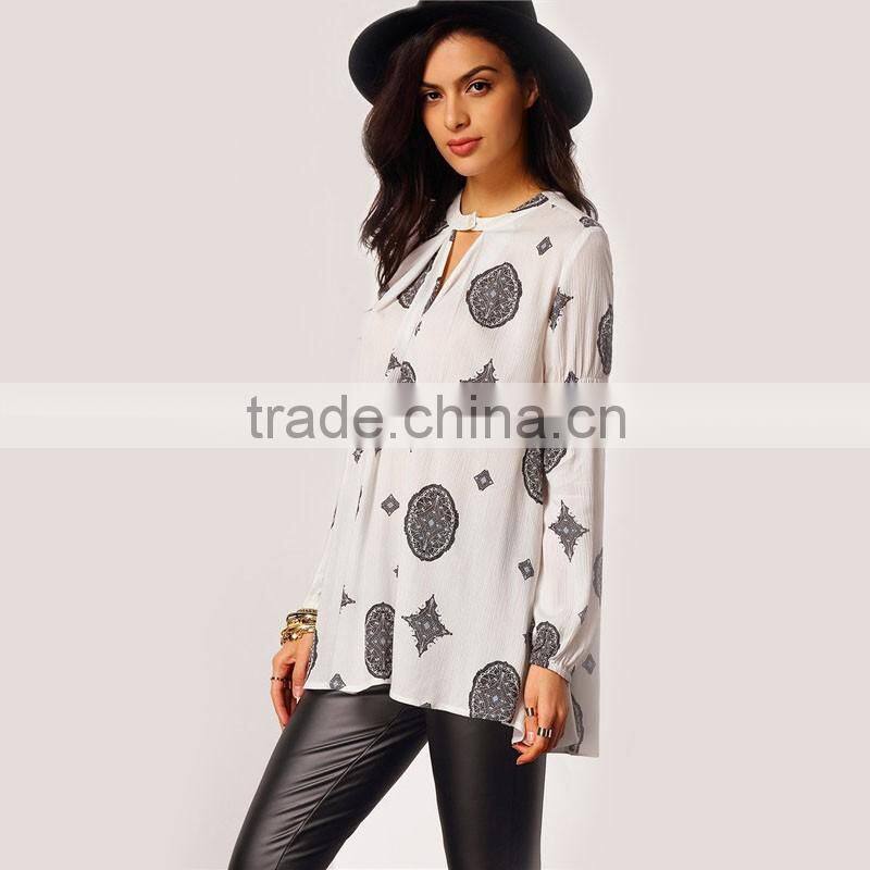 Ladies Vogue New Arrival Women's Vintage High Street Casual White Long Sleeve Cut Out Front Tribal Print Blouse B003