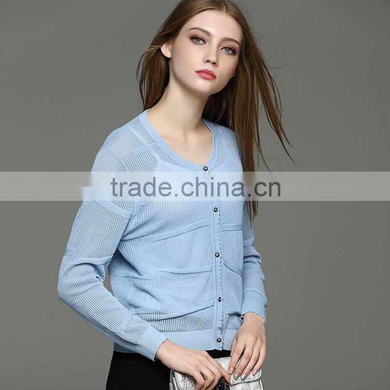 lady's knitted Round-neck long sleeve pointelle cardigan