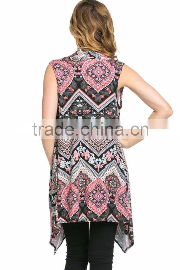 Sleeveless Asymmetric Hem Open Front Floral Zig Zag Latest Fashion Ladies Wholesale Cardigan