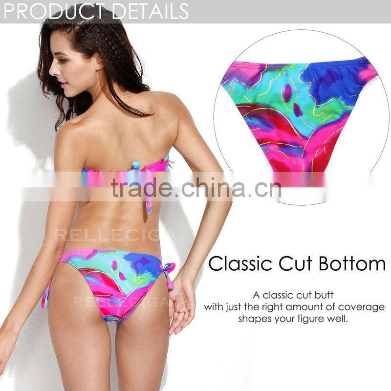 RELLECIGA 2016 New Sexy Abstract Foil Pattern V Wire Bandeau Bikini Swimsuit
