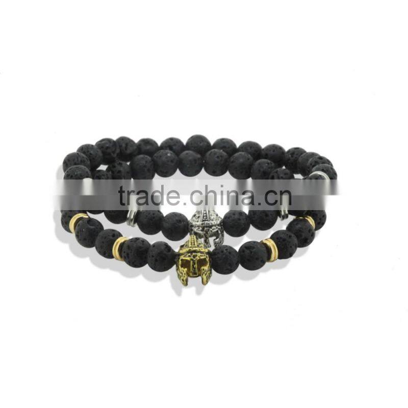 2016 Fashion Gold & Silver Spartan Knight Helmet Lava Stone Beads Bracelet for men