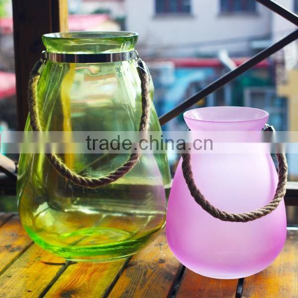 large capacity colored frosted glass candle holder with handle