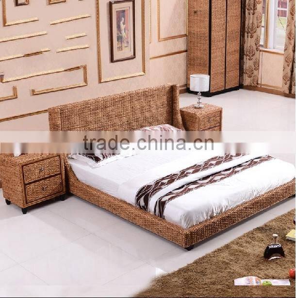 100% hand weaving bedroom set furniture ( Rattan & water hyacinth material+ Acacia Wood frame )