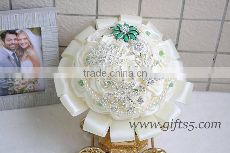 Handmade Custom Satin white Pearl Jeweled Wedding Bouquet ,brooch Bouquet