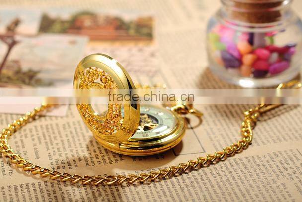 Fashion Skeleton Gold Case Roman Dial Mens Mechanical Pocket Watch