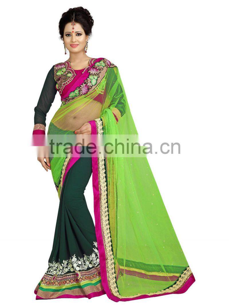 Green Net Embroidery saree