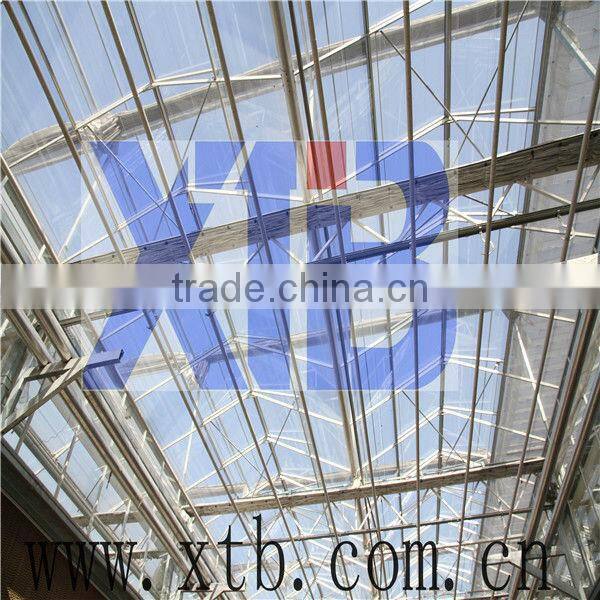 Single layer plastic film multi-span greenhouse