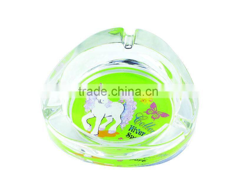 Glass ashtray with decal on bottom,high quality glass ashtray