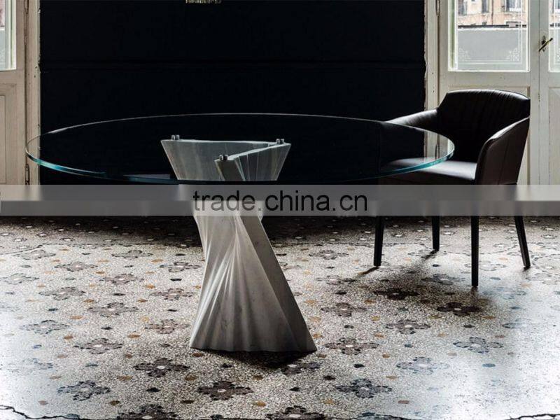 Special Design Hot Sale Plisse Travertine base Round Tempered Glass Top Dining Table On Sale