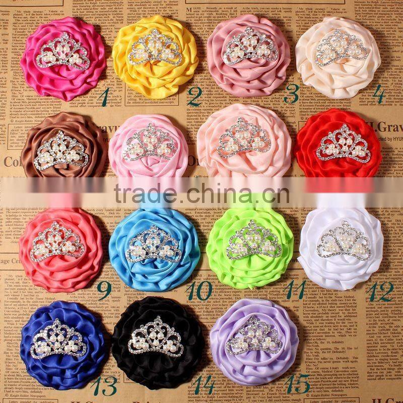 satin hanmade rose flower with crown for kids hair accessories