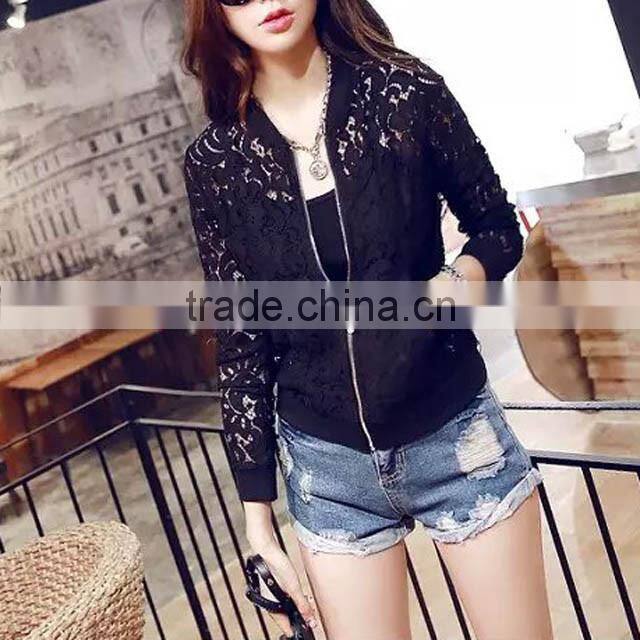 Hot Sale Women Lace Jacket Hollow Out Jacket Women Tops Long Sleeve Slim Black Outwear Women Lace Coat