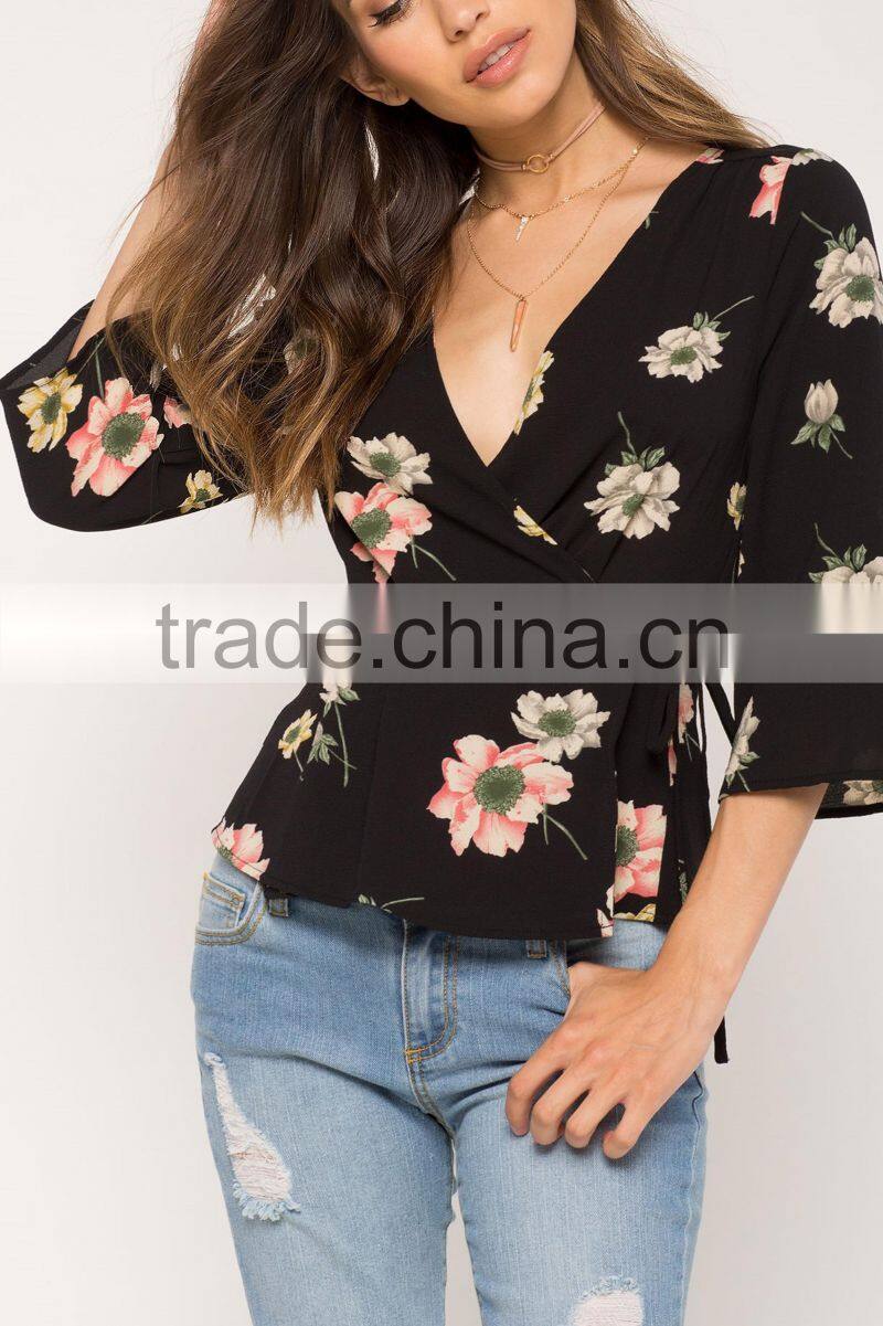 New designs ladies fashion deep v neck 3/4 sleeveless floral print surplice wrap blouse