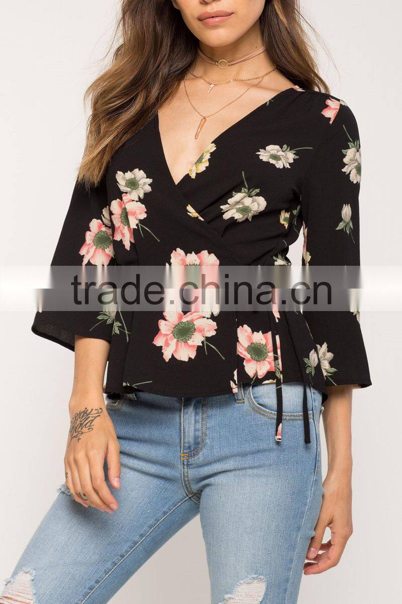 New designs ladies fashion deep v neck 3/4 sleeveless floral print surplice wrap blouse