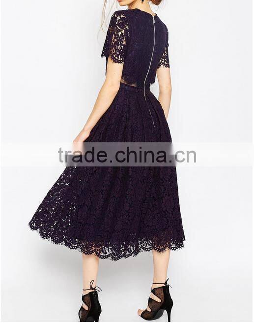 China Guangzhou clothing OEM Scalloped edges Round neckline Crop top Mesh insert Midi women dress