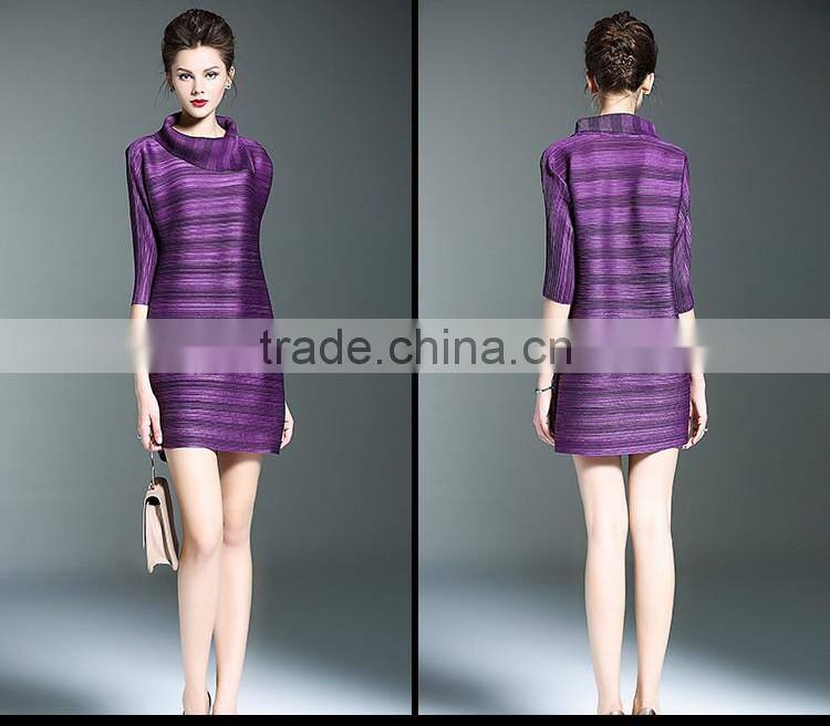 Women striated Polo neck casual pleated dresses