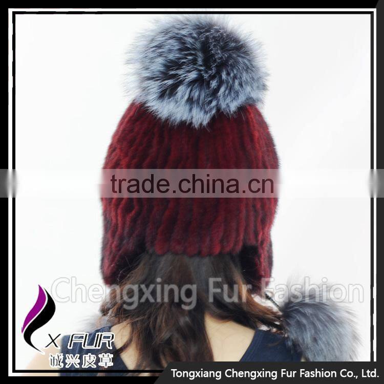 CX-C-42C Lovely Women Genuine Mink Fur Winter Hat Silver Fox Fur Ball