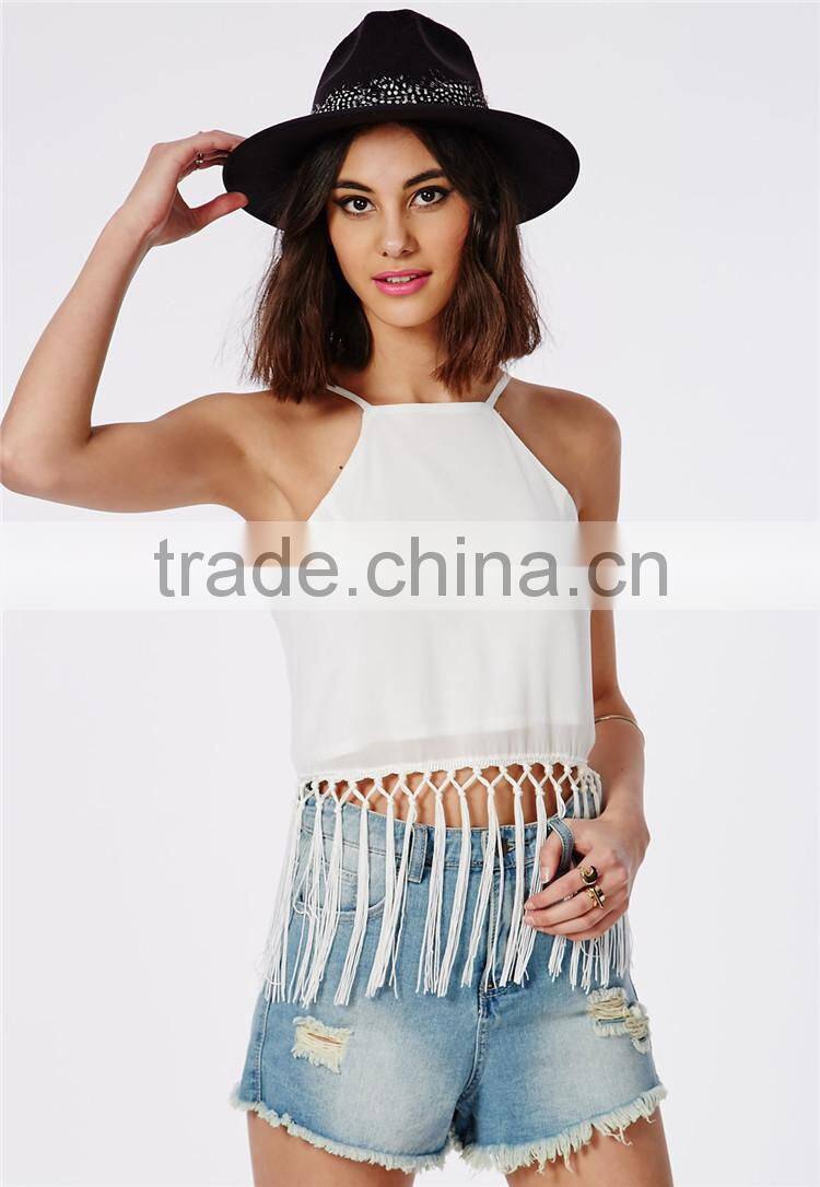 Fringed plain white spaghetti strap cami crop top plain wholesale cheap