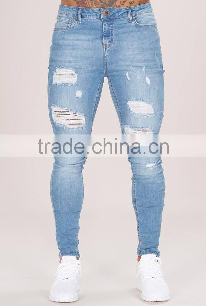 2016 vintage men's straight fit ripped washed selvedge light blue denim jeans