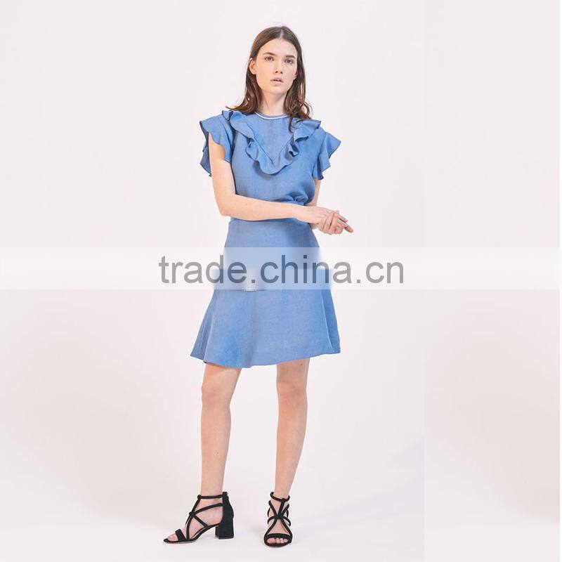 Beaded neckline ruffled shoulders top with a short flared skirt suit dress
