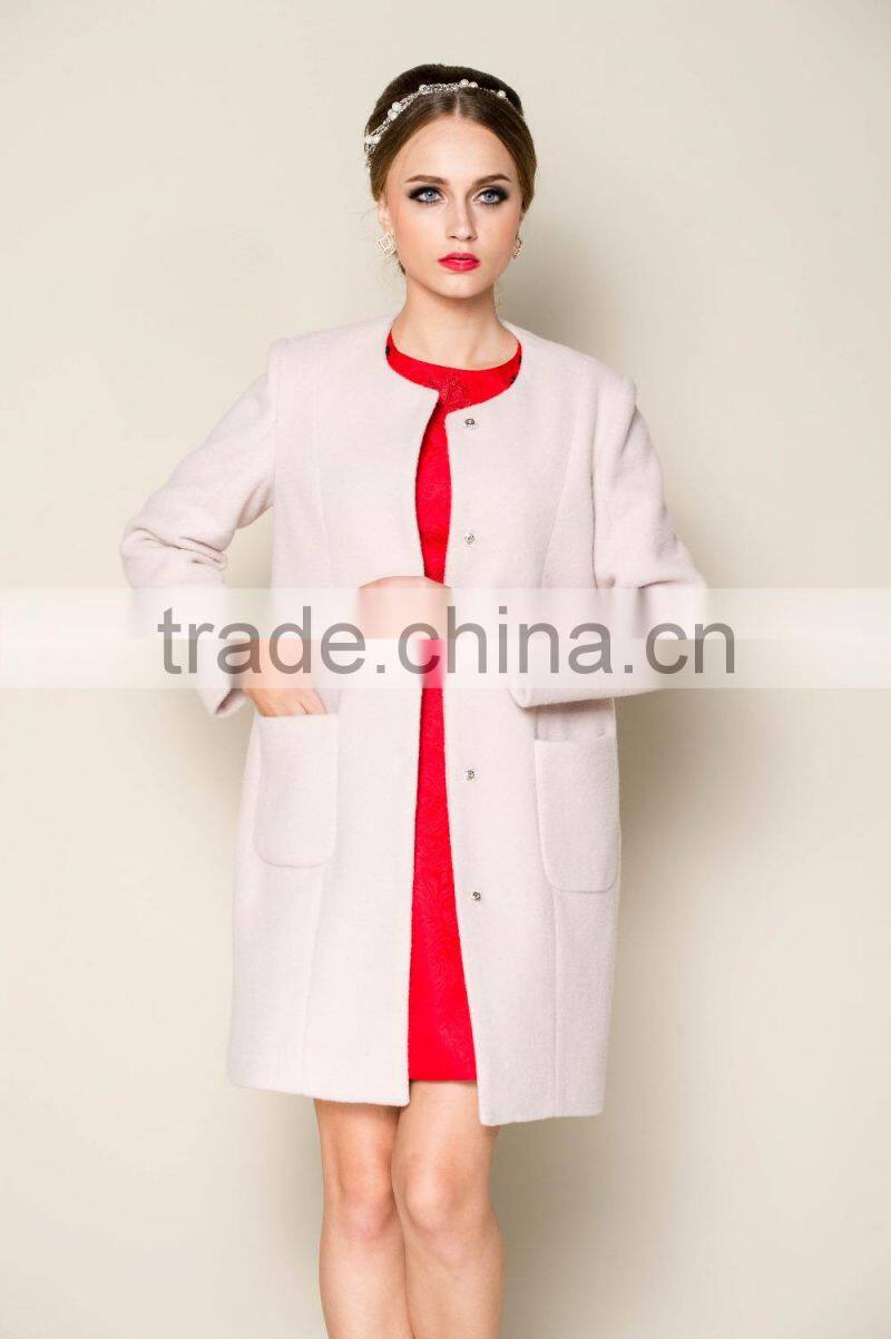 2015 latest fashionable o neck apricot plain style brand name women winter coat