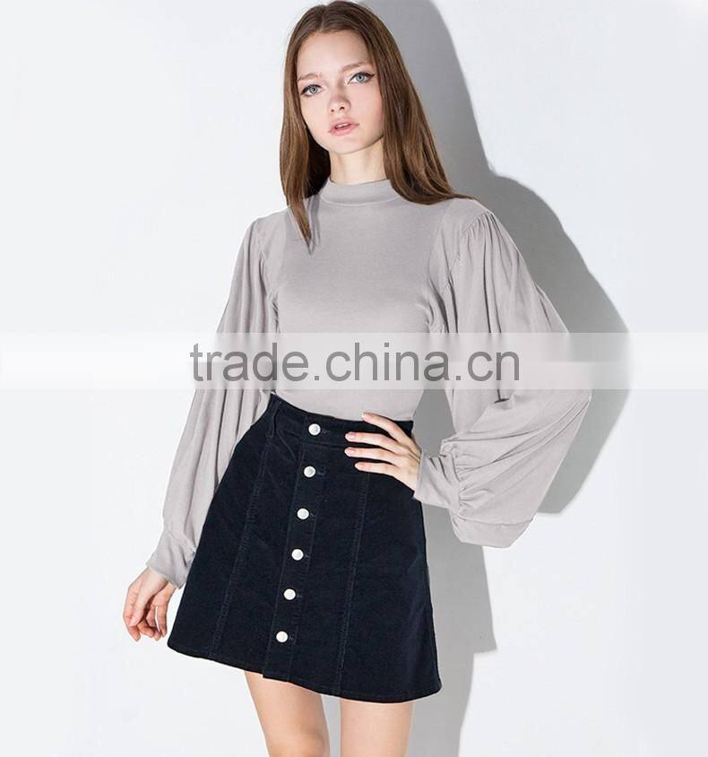 Women's OL slim fit high collar lantern sleeve long sleeve gray t shirt